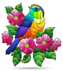 A stained glass illustration with a bright bird, pink flowers and leaves, isolated on a white background