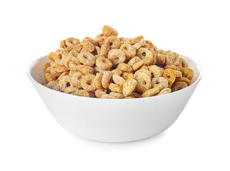 Tasty breakfast cereals in bowl on white background