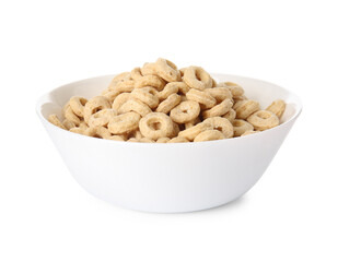 Tasty breakfast cereals in bowl on white background