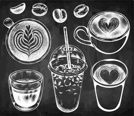 Sketch set of cups with coffee on blackboard, chalkboard. Espresso, cappuccino, latte, iced coffee, coffee beans. Vintage, retro style food background. Vector illustration. Ink drawing drinks. - 412279179