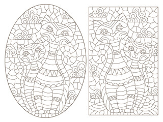 Set of contour illustrations in stained glass style with abstract cats, dark outlines on a white background