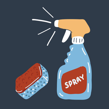 Vector illustration of domestic Tools for cleaning. Cleaning spray and spoonge on dark backround.