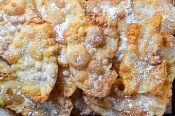 carnival ears traditional dessert from Galicia region, Spain; made with flour, eggs, milk and butter
