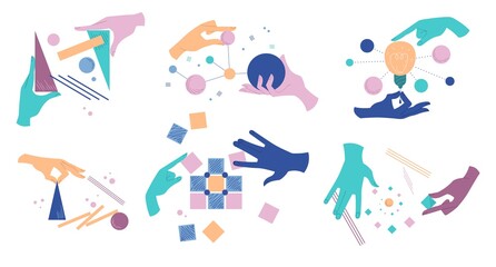 Collection of cartoon human hands with different abstract geometric shapes. Arms holding figures. Set of flat cartoon vector illustrartions isolated on white background