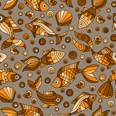 Fototapeta premium Seamless pattern on a marine theme with fishes and shells on a light background, monochrome,tone brown
