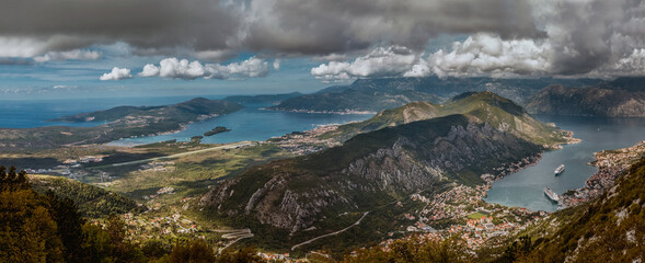 Bay of Kotor from the heights. View from Mount Lovcen to the bay. View down from the observation platform on the mountain Lovcen. Mountains and bay in Montenegro.