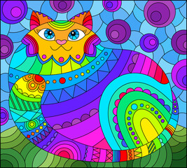 Illustration in stained glass style with abstract cute rainbow cat on a blue background