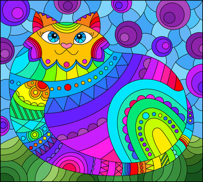 Illustration in stained glass style with abstract cute rainbow cat on a blue background
