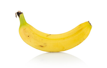 One ripe fresh natural banana isolated on white background with shadow reflection, clipping, vector path. Single yellow fruit.