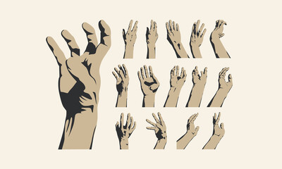 手のイラストその2　手の影シルエット　モノクロ白黒イラスト　AI・Vector・Jpegデータ