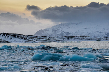 icebergs floating on an icy bay and snowy peaks at dusk