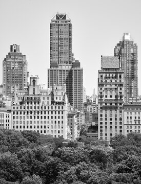 Black and white picture of Manhattan Upper East Side diverse architecture, New York, USA.