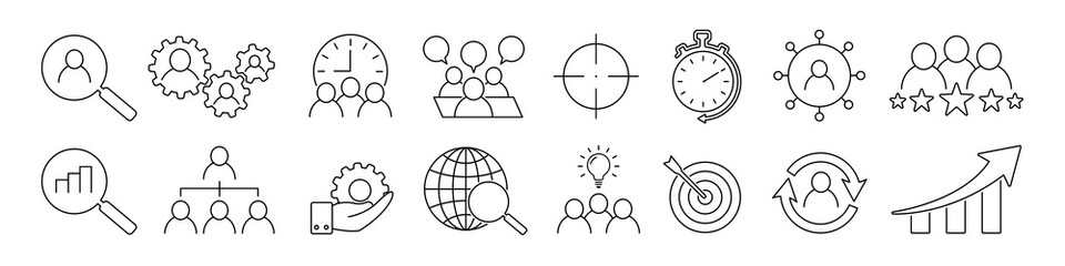 Set of icons business people, human resources, office management. Lines business people. Meeting, team, communication, group, business icons. Vector illustration.