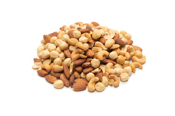 Mix of nuts isolated on white background. Top view.