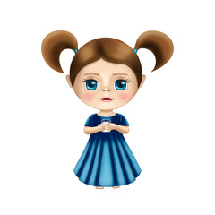 cartoon girl with two ponytails in a long dress with a glass of milk in her hands