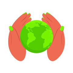 A flat vector of hands holding the planet Earth. World Earth Day. The concept of conservation, protection and reasonable consumption of natural resources.