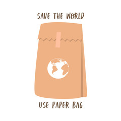 Flat vector illustration of a paper bag with the image of the planet earth. The concept of saving the earth by using paper packaging or other recyclable materials. White background.