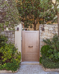 Fototapeta na wymiar contemporary house entrance metallic door and decorative plants, Athens Greece