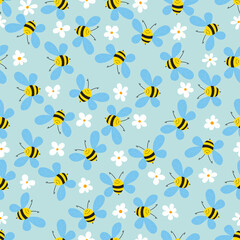 Seamless pattern with bees and flowers on blue background. Vector illustration. Adorable cartoon character. Template design for invitation, cards, textile, fabric. Doodle style.
