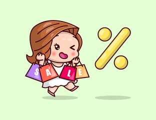 CUTE BROWN HAIR WOMAN BRINGS SHOPPING BAGS WITH SALE WRITE DOWN.