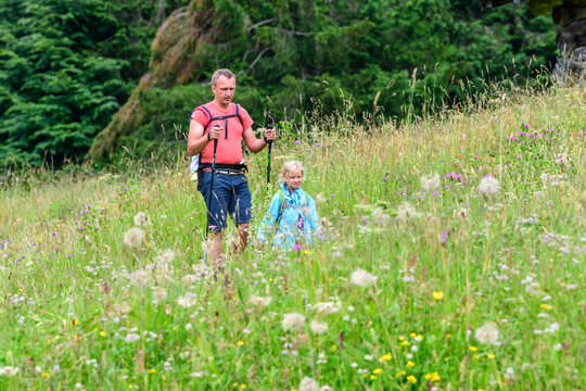 Vater mit Kindern auf einer Wandertour inmitten einer blühenden Kräuterwiese im Allgäu