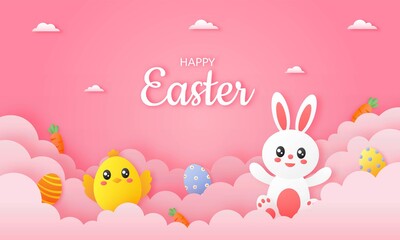 happy easter day on pink sky background. paper art style. vector Illustration.