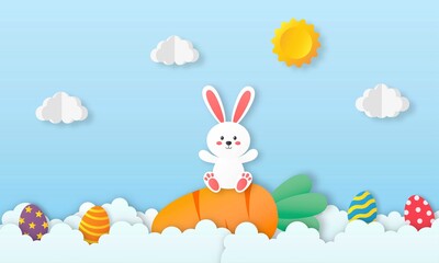 happy easter day on blue sky background. paper art style. vector Illustration.