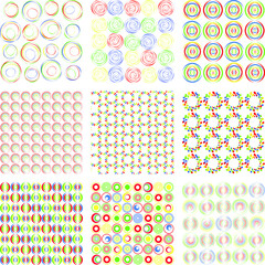 Сollection of seamless patterns with colored circles of different shapes. Bright colors, a set of nine backgrounds. Vector illustration.  