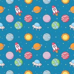 seamless pattern cartoon space. planets isolated on blue background.