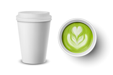 Vector 3d Realistic Paper White Disposable Cup with Lid Set Isolated. Green Milk Matcha Foam, Flower, Heart Pattern. Stock Vector Illustration. Design Template. Top and Front View