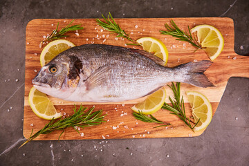 Fresh raw dorado fish. Sea bream, lying on a wooden board on a gray table with herbs and salt and spices. Dorado and ingredients for cooking on the table. Top view
