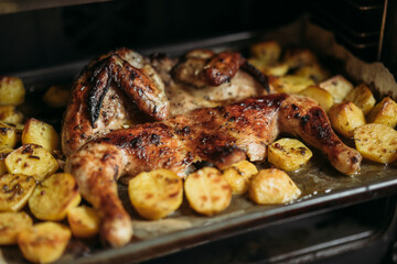 Grilled or roasted Chicken Tobacco on paper over baking sheet . Homemade freshly baked whole juicy chicken with potatoes, herbs, pepper. Selective focus, close up view. Organic country food.
