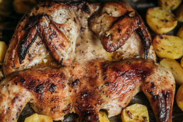 Grilled or roasted Chicken Tobacco on paper over baking sheet . Homemade freshly baked whole juicy chicken with potatoes, herbs, pepper. Selective focus, close up view. Organic country food.