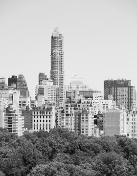 Black and white picture of Manhattan Upper East Side diverse architecture, New York, USA.
