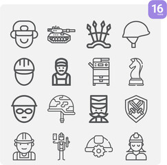Simple set of soldier related lineal icons.