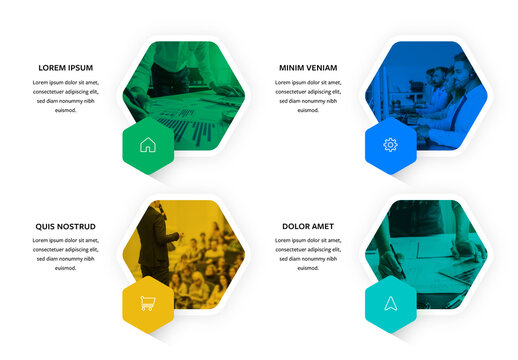 Hexagon Infographics with Colored Overlay and Photo Placeholders