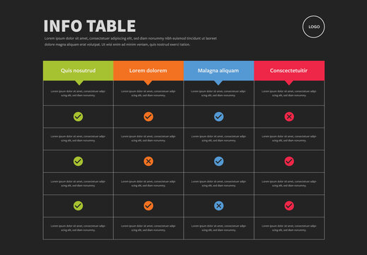 Infographic Table Layout with Bright Color Elements on a Dark Background