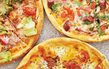 Delicious pizza on grey background.