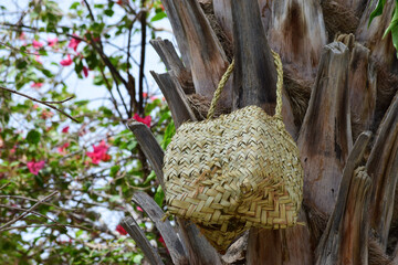 Human hand made dates tree box tool. palm leaf dry jar hanging on wood in garden, brown background culture thing Arabic style picture