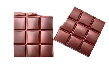 Dark chocolate bar, isolated on white background, top view.