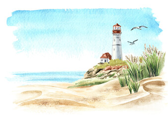 Seascape with rocks and an old lighthouse on the background of the sea with copy space, Hand drawn watercolor illustration, isolated on white background © dariaustiugova