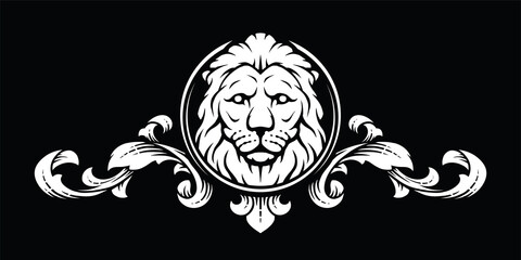 Lion head with vintage design elements on a dark background. Vector illustration.