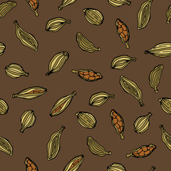 Spice cardamom. Seamless pattern with food. Design for fabric, textile, wallpaper, packaging.