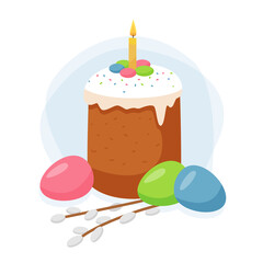 Vector scene with Easter cake, colored eggs and pussy willow branches. Easter cake with a candle. 