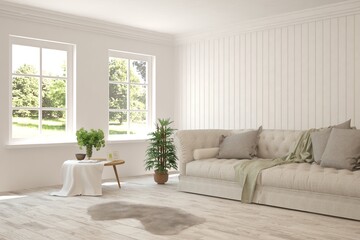 White living room with sofa and summer landscape in window. Scandinavian interior design. 3D illustration