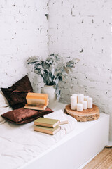 Books on white sofa with pillows in cozy home. Leisure concept