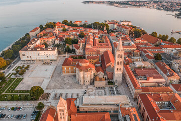Aerial drone shot of Zadar old town square in sunrise hour in Croatia Dalmatia area