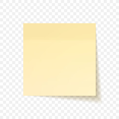 Yellow sheet of note papers with shadow, ready for your message. Realistic. Isolated on transparent background. Vector illustration
