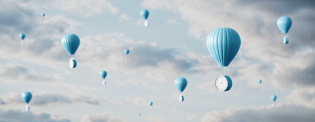 Hot air balloon with clock flies in the sky. Time Flies Concept background 3D render 3D illustration