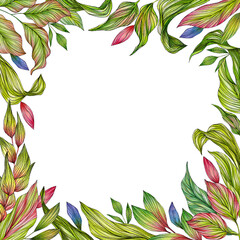Naklejka premium Bright and colorful square frame with foliage on white background
